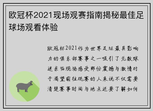 欧冠杯2021现场观赛指南揭秘最佳足球场观看体验